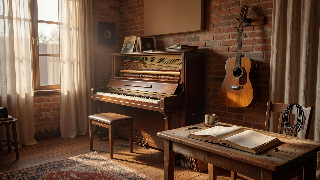Lämpimästi valaistu akustinen musiikkistudio, jossa on piano, kitara seinällä ja avoin nuottivihko pöydällä